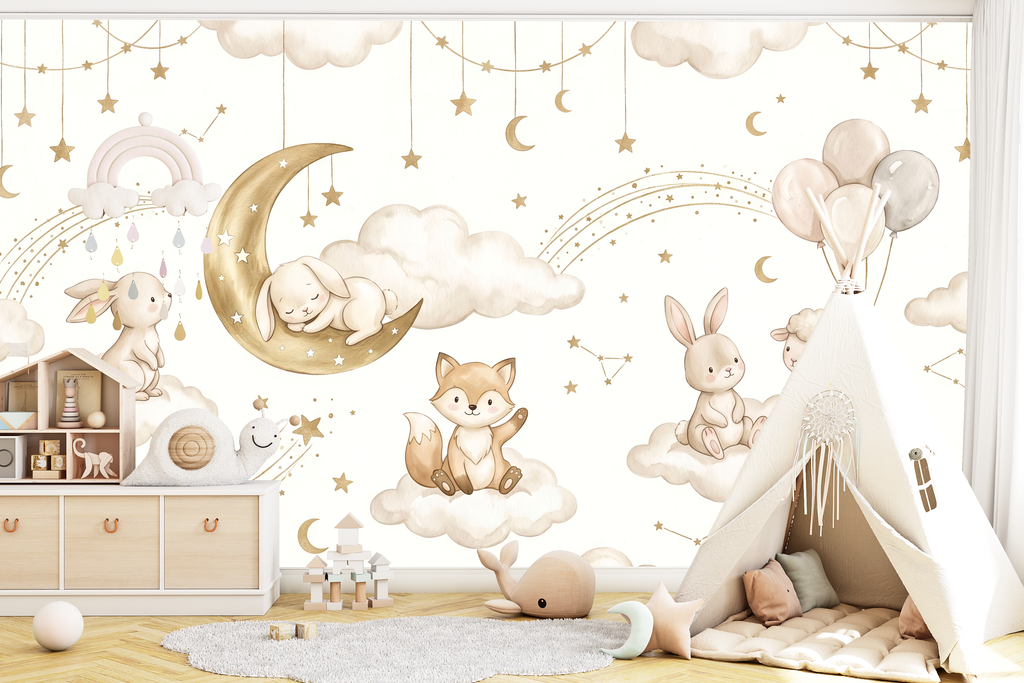Whimsical floating sheep with balloons and fluffy clouds mural creating a magical playroom wall