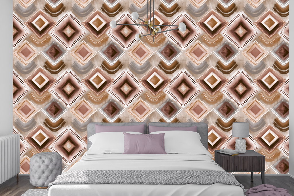 Warm taupe and rust tribal brushstroke wallpaper creating a cozy accent wall in a bohemian bedroom