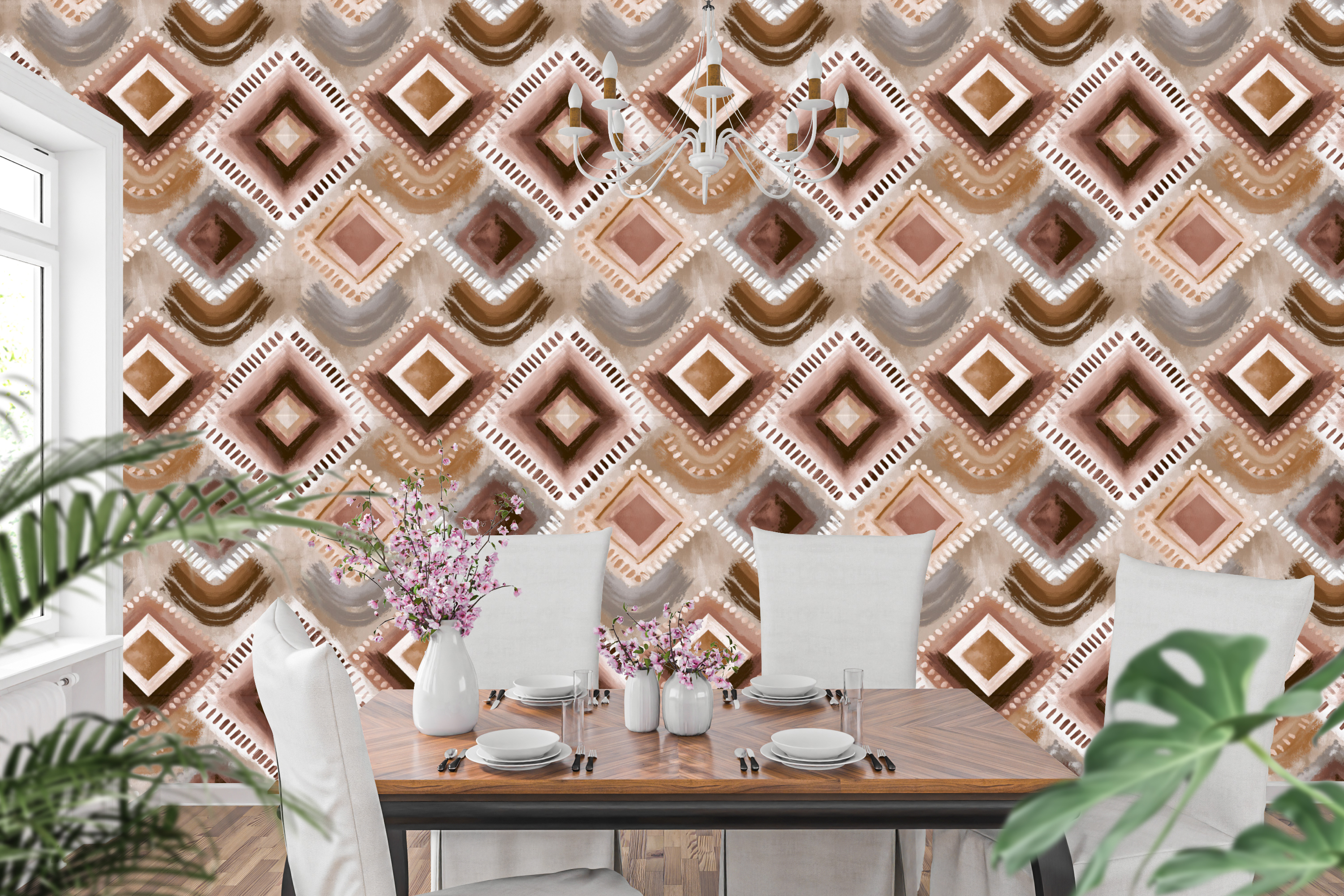 Earthy boho tribal geometric wallpaper in a warm eclectic dining room