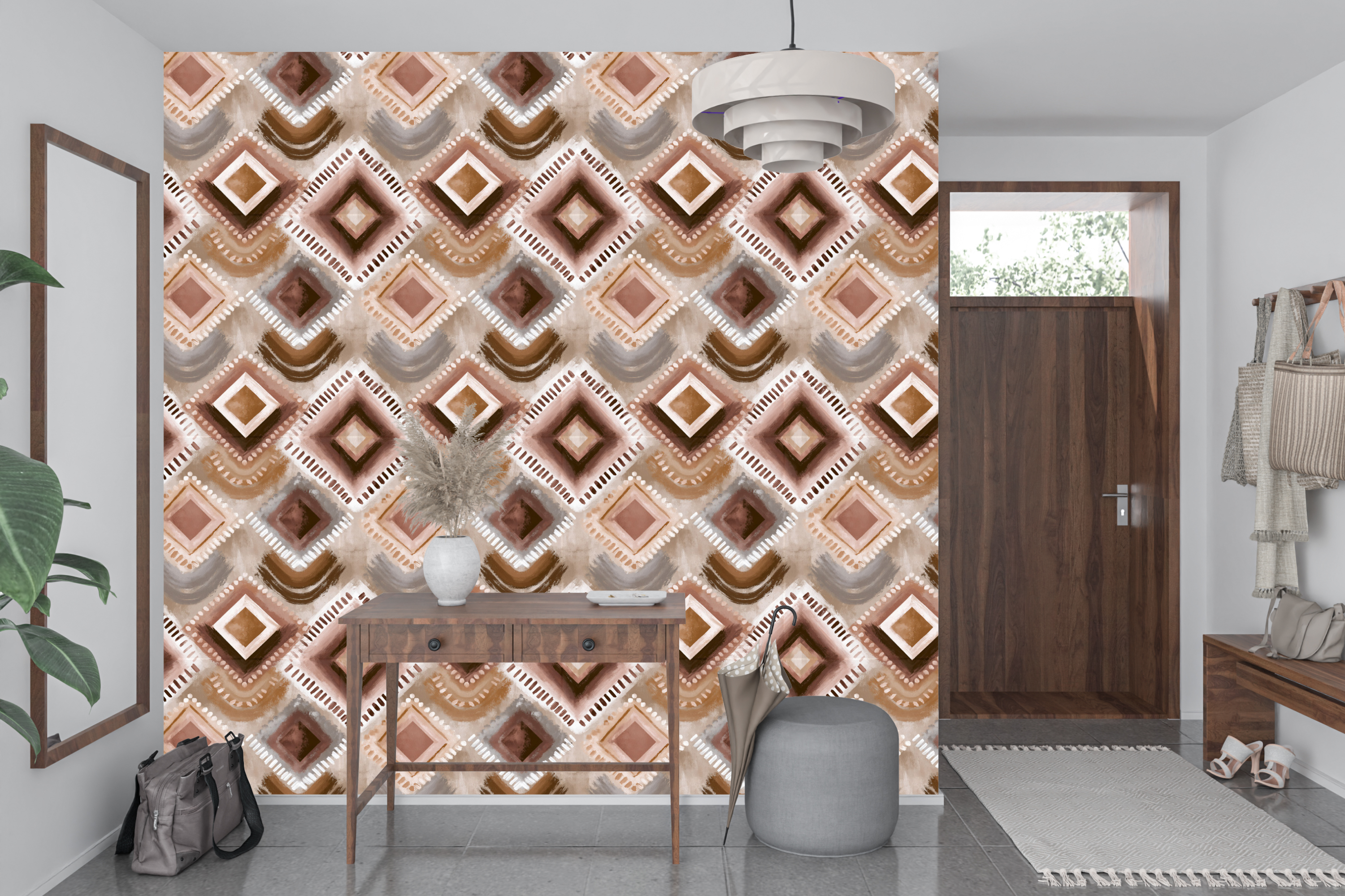 Modern rustic tribal wall mural transforming a creative home office or welcoming entryway
