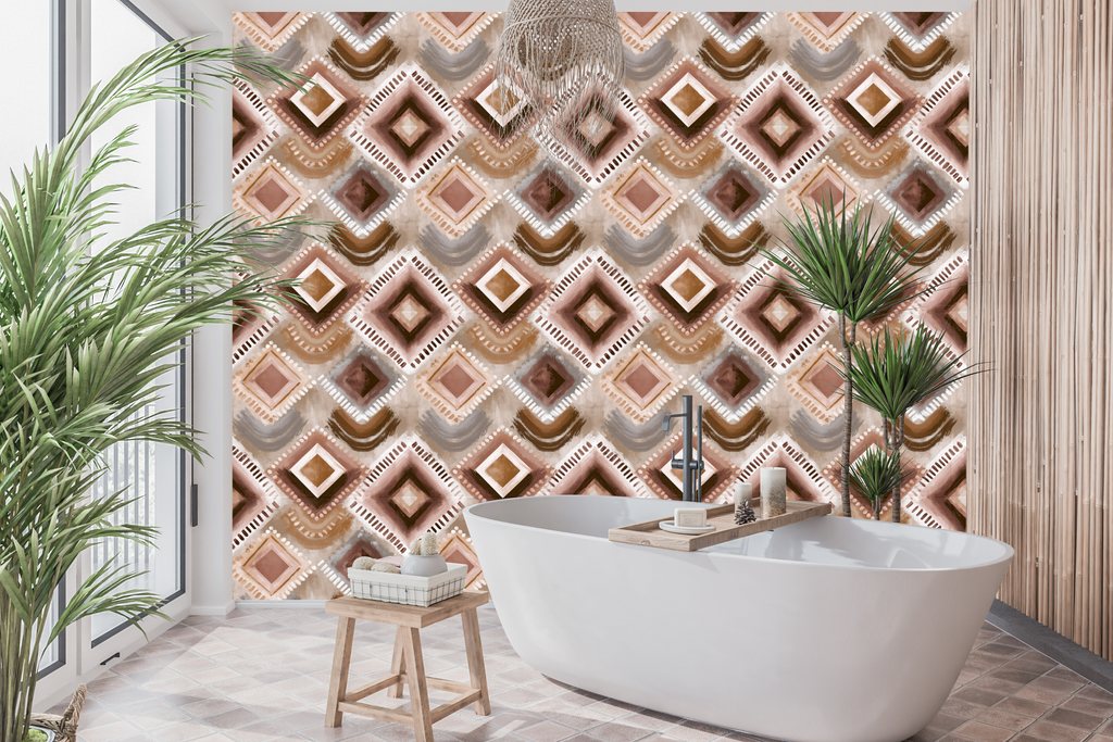 Waterproof vinyl earthy abstract geometric wallpaper applied in a modern neutral bathroom