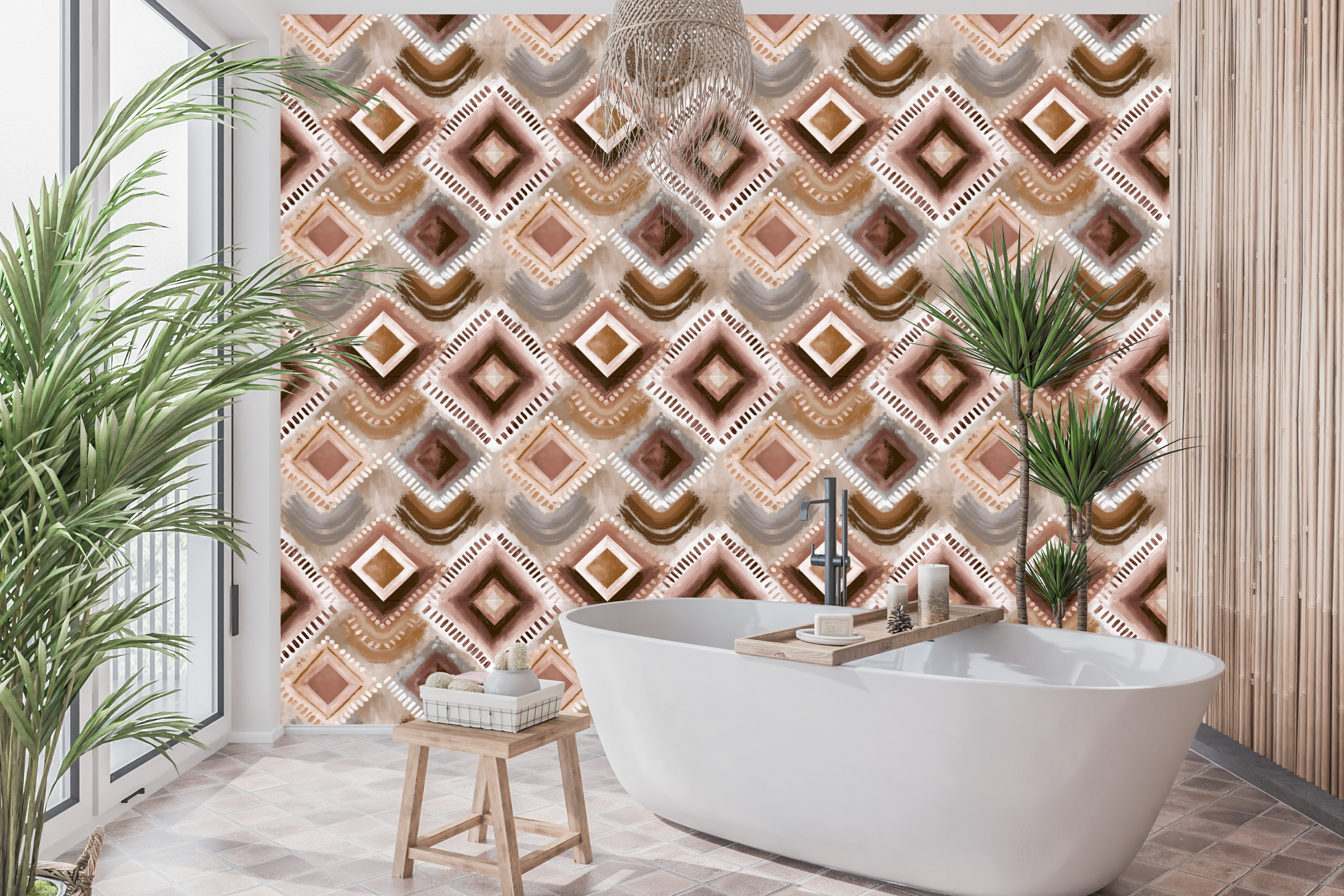 Waterproof vinyl earthy abstract geometric wallpaper applied in a modern neutral bathroom