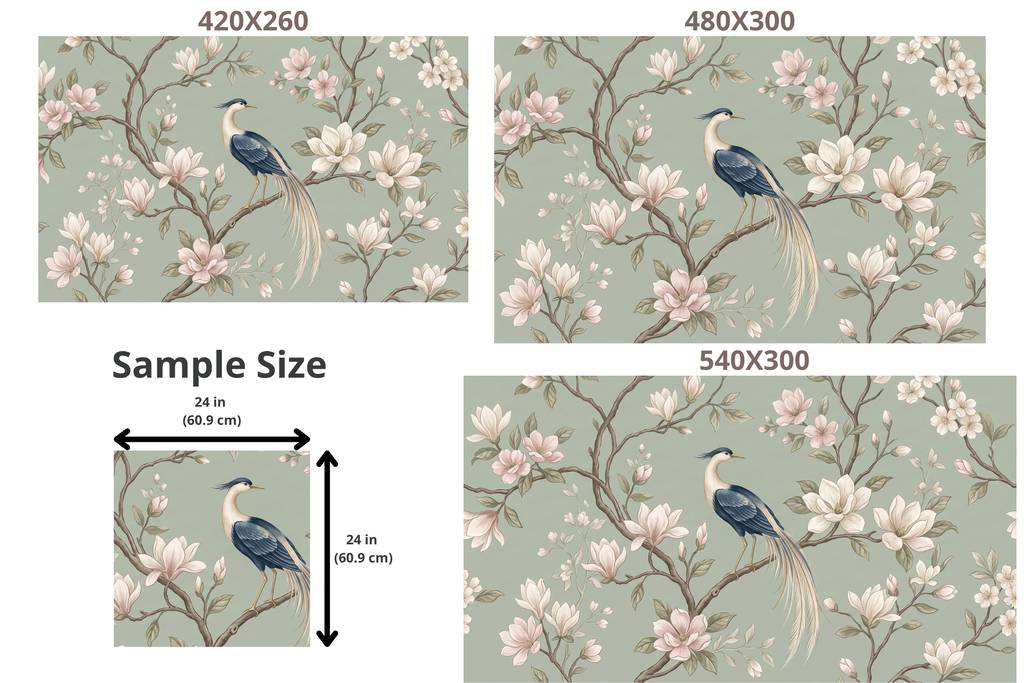Elegant Chinoiserie Bird & Magnolia Wall Mural Sage Green Floral Removable Wallpaper
