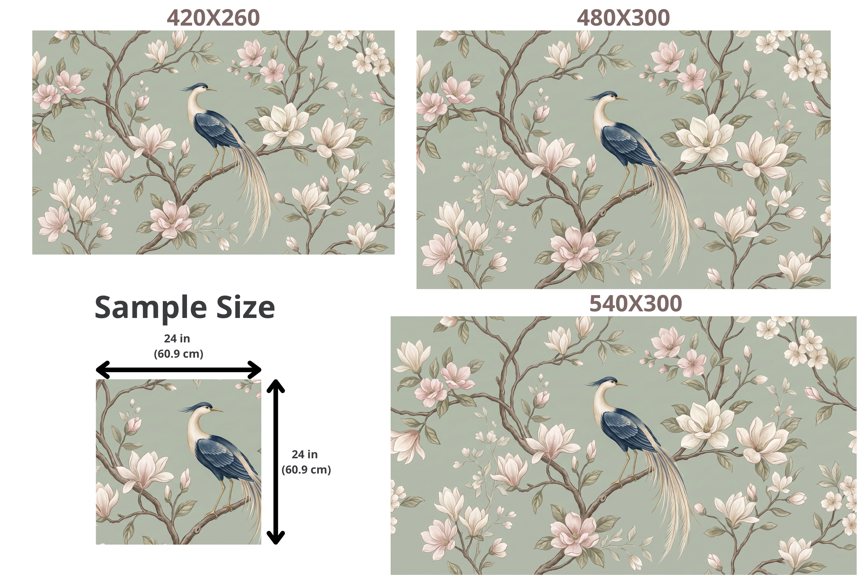 Elegant Chinoiserie Bird & Magnolia Wall Mural Sage Green Floral Removable Wallpaper