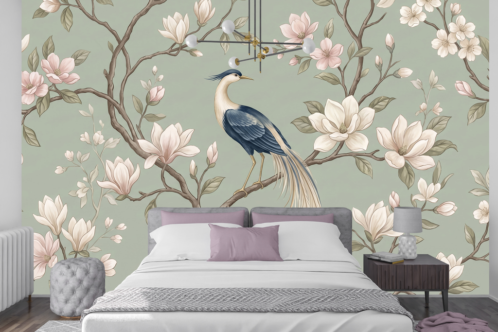 Sage green floral and bird peel and stick wallpaper mural behind a vintage bed