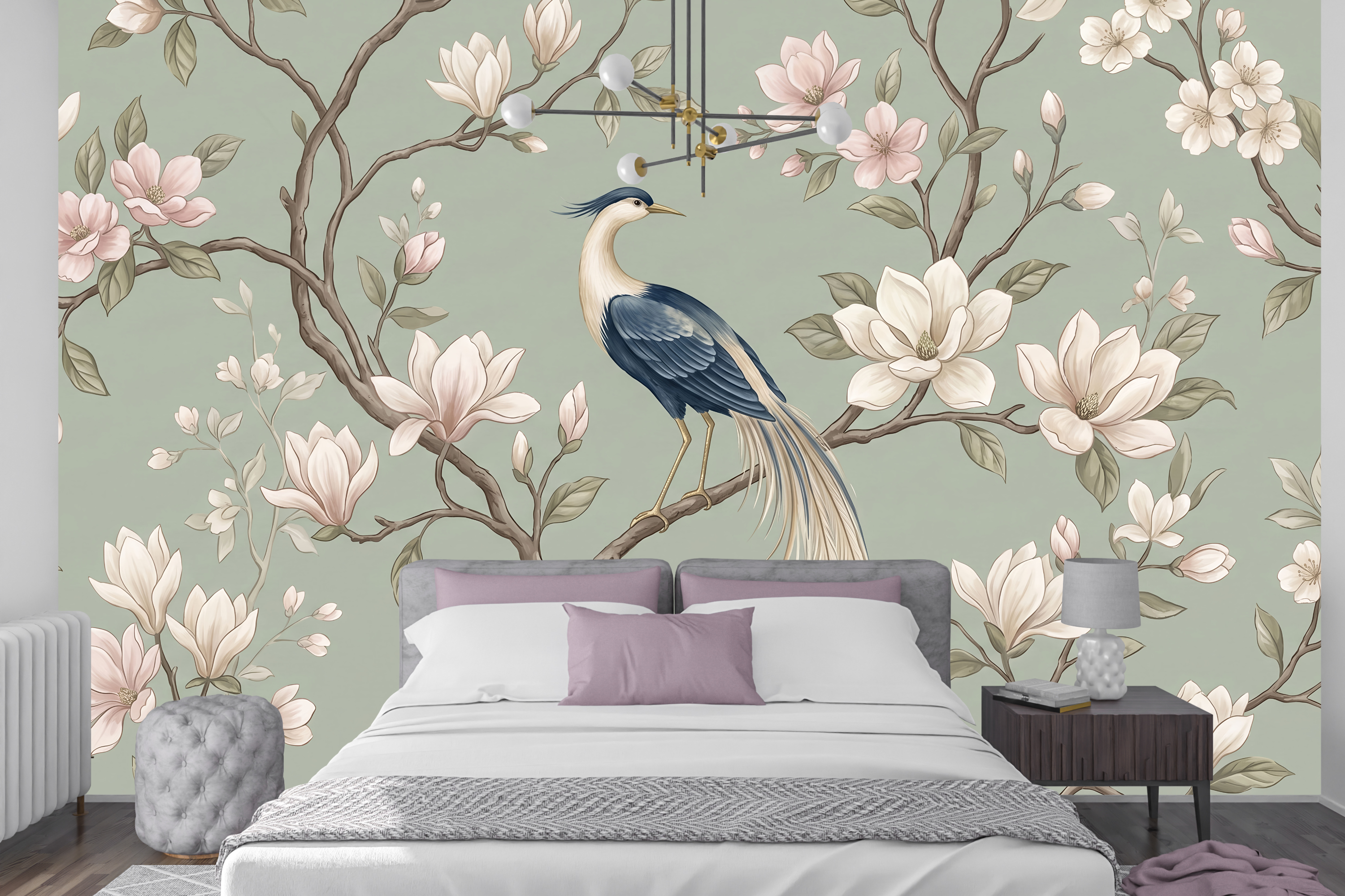 Sage green floral and bird peel and stick wallpaper mural behind a vintage bed