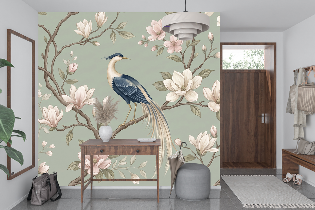 Elegant twisting branches and pink magnolia wall art transforming a chic entryway