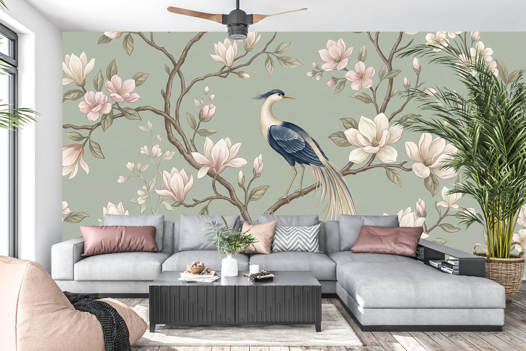 Classic botanical flower large scale wall mural creating a sophisticated living room accent