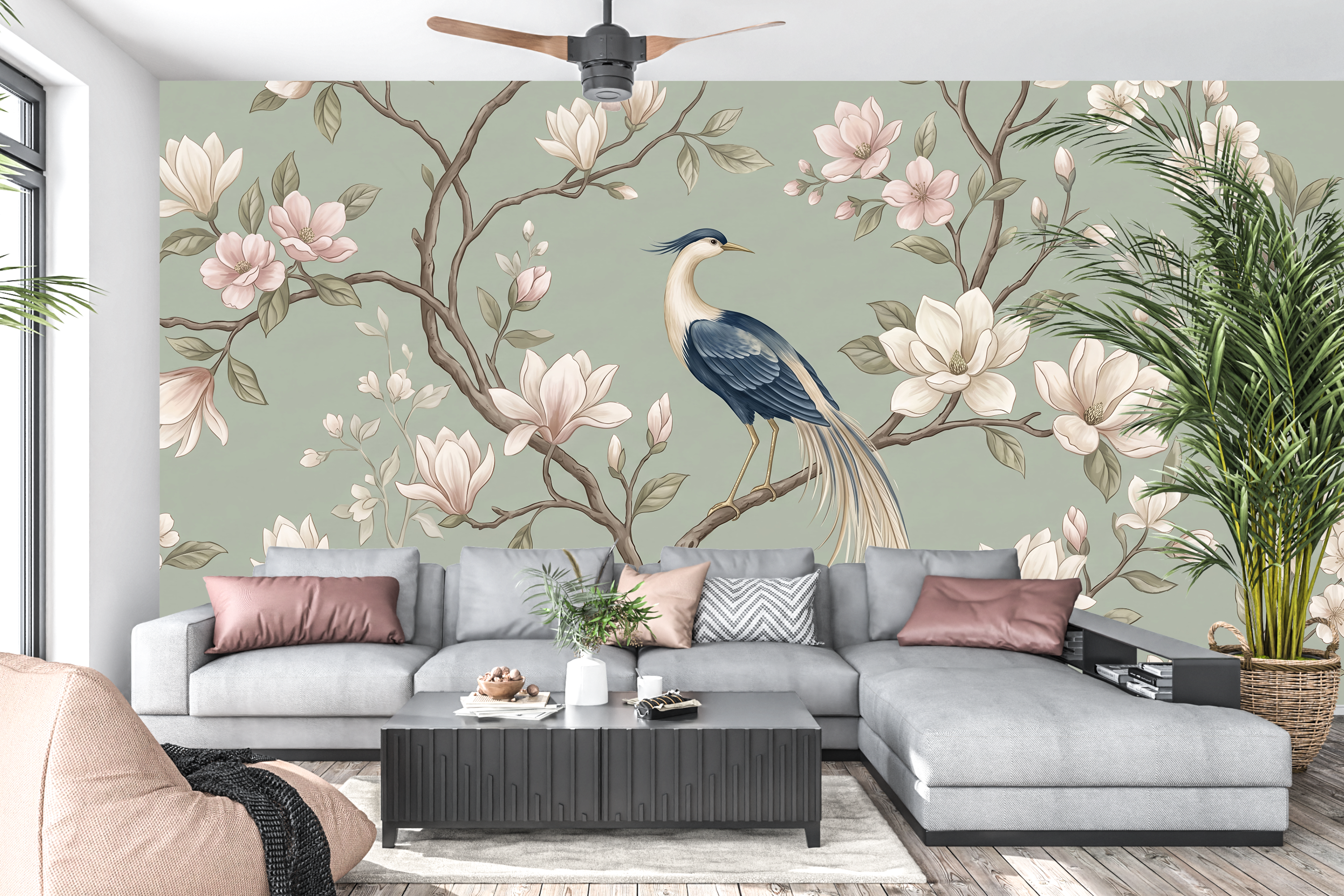 Classic botanical flower large scale wall mural creating a sophisticated living room accent
