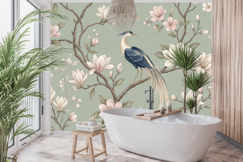 Waterproof vinyl romantic botanical and bird mural applied in a vintage powder room