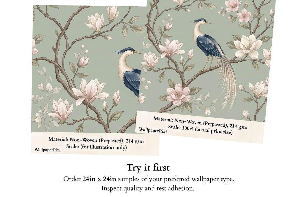 Elegant Chinoiserie Bird & Magnolia Wall Mural Sage Green Floral Removable Wallpaper