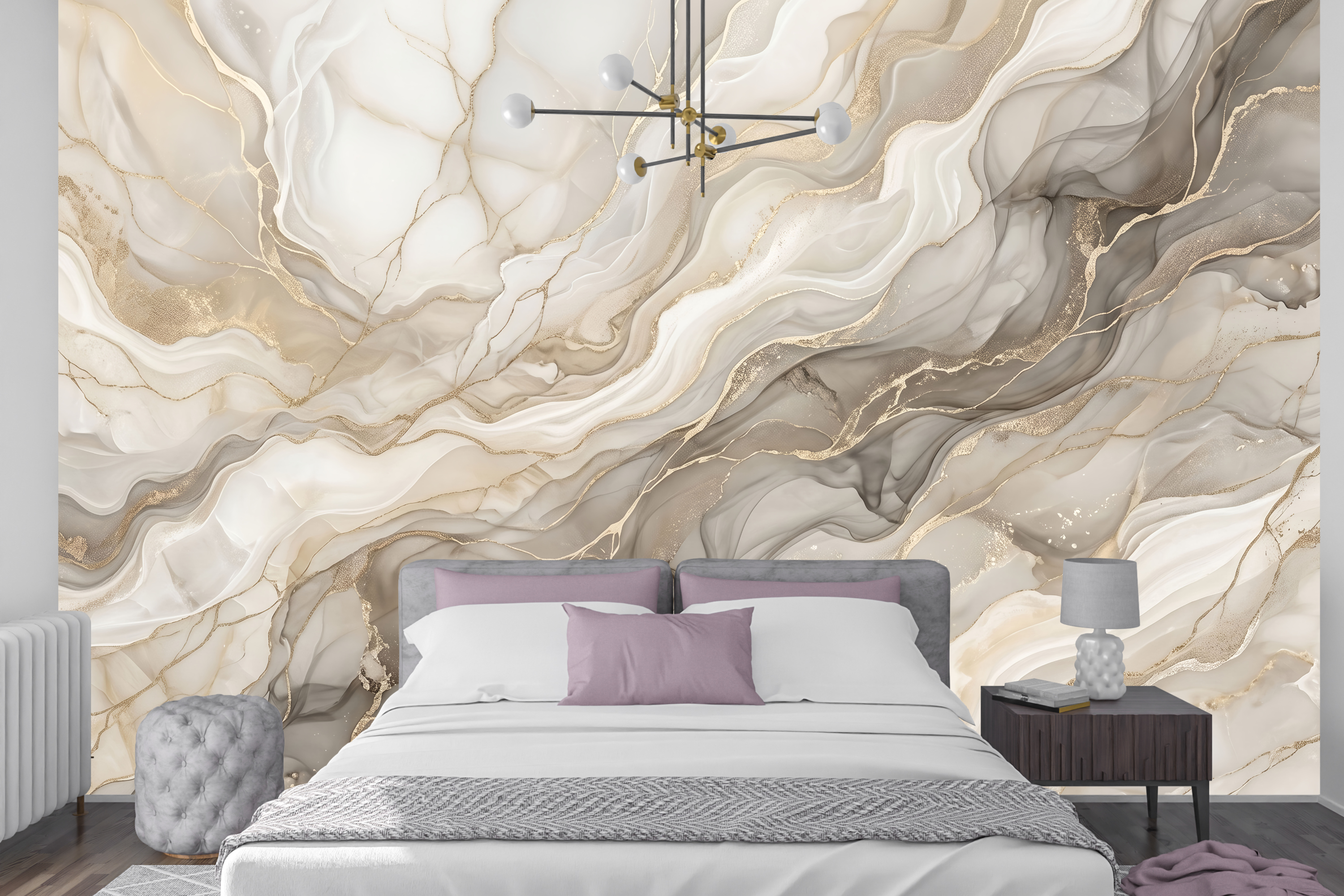 Faux gold and grey abstract liquid peel and stick wall mural behind a luxurious bed