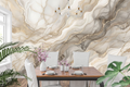 Elegant fluid marble alcohol ink wallpaper in a chic modern dining room