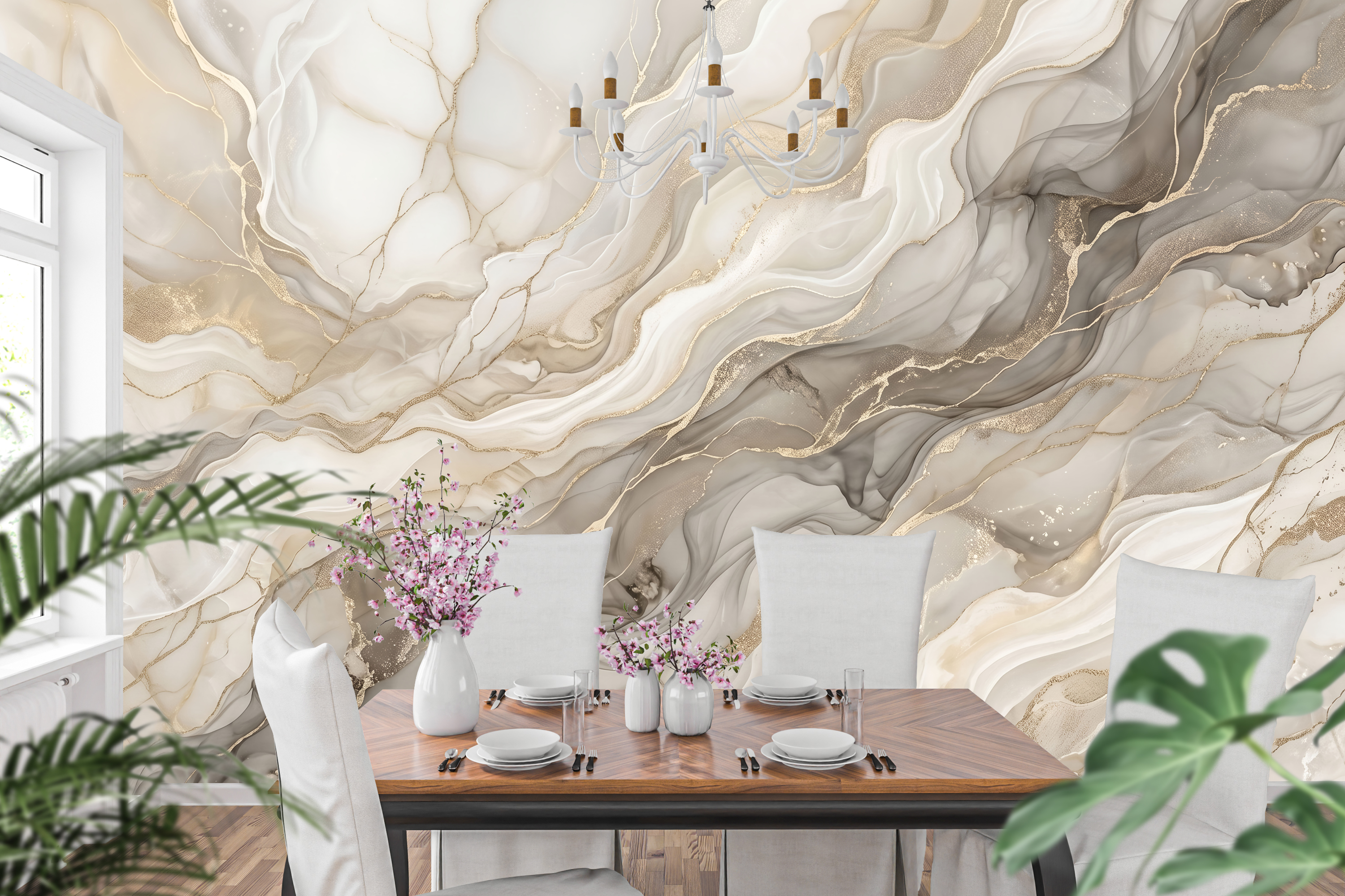 Elegant fluid marble alcohol ink wallpaper in a chic modern dining room