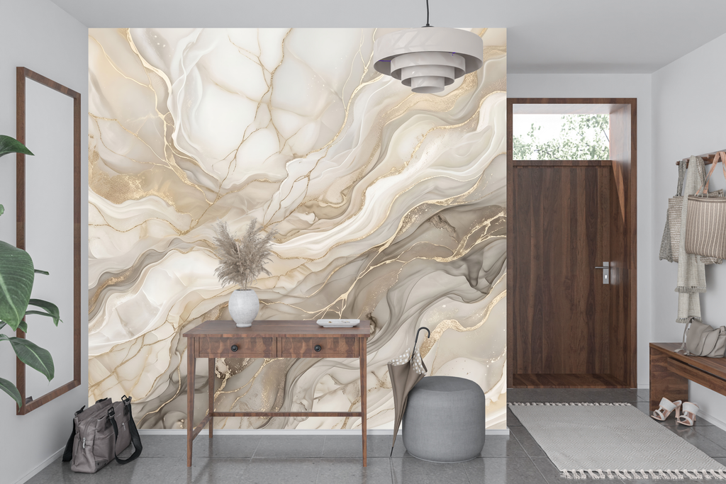 Sweeping gold vein abstract wall mural transforming an upscale home office or entryway
