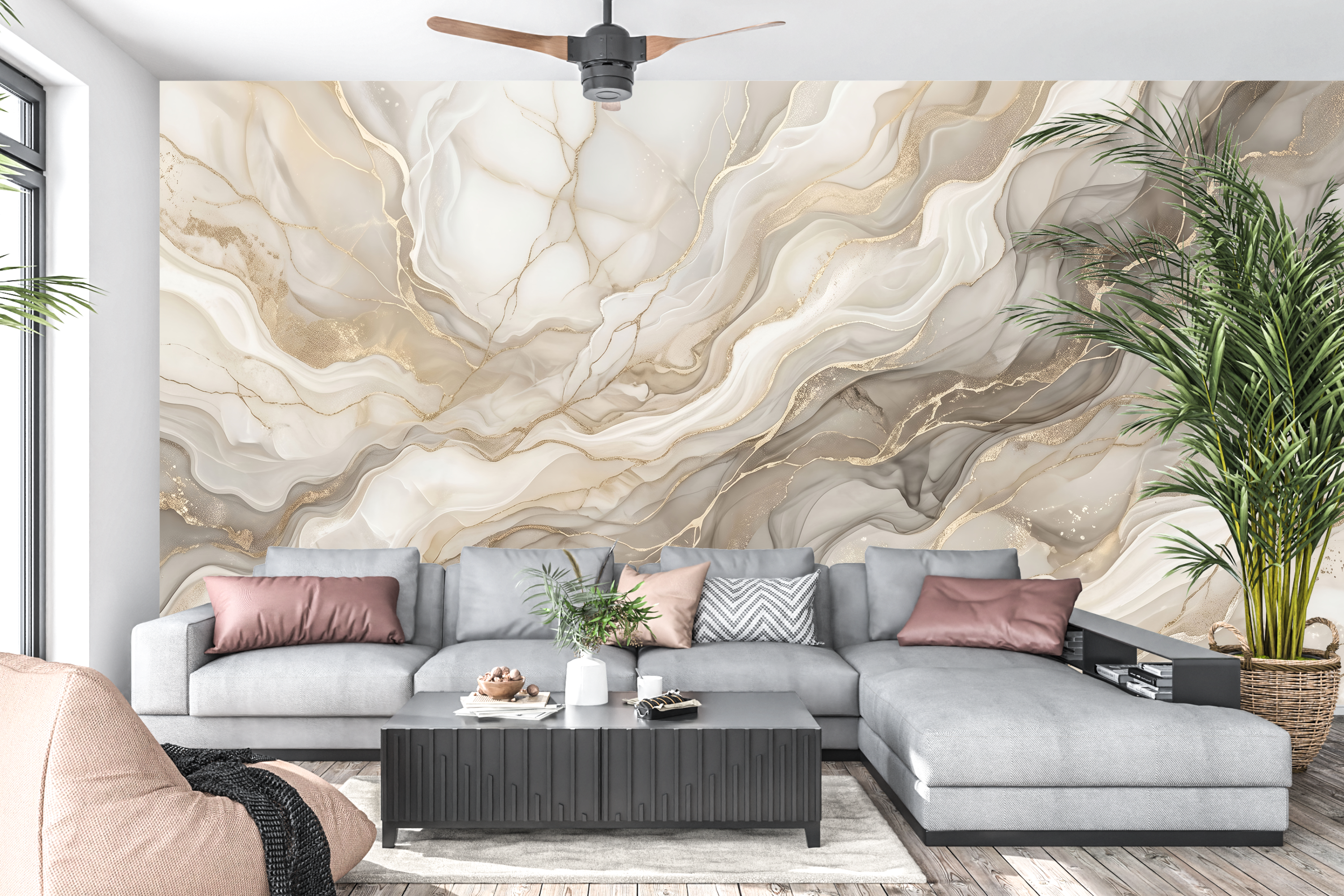 Cream and taupe geode art wall mural creating a glamorous living room accent wall