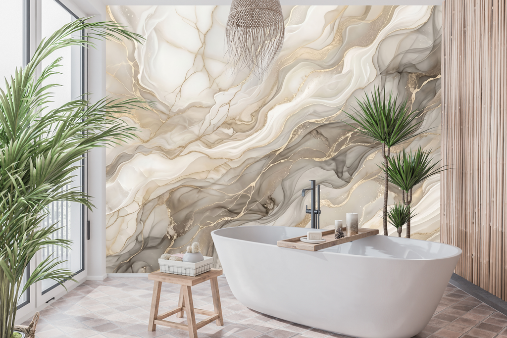 Waterproof vinyl luxury faux stone wallpaper applied in a spa-like modern bathroom
