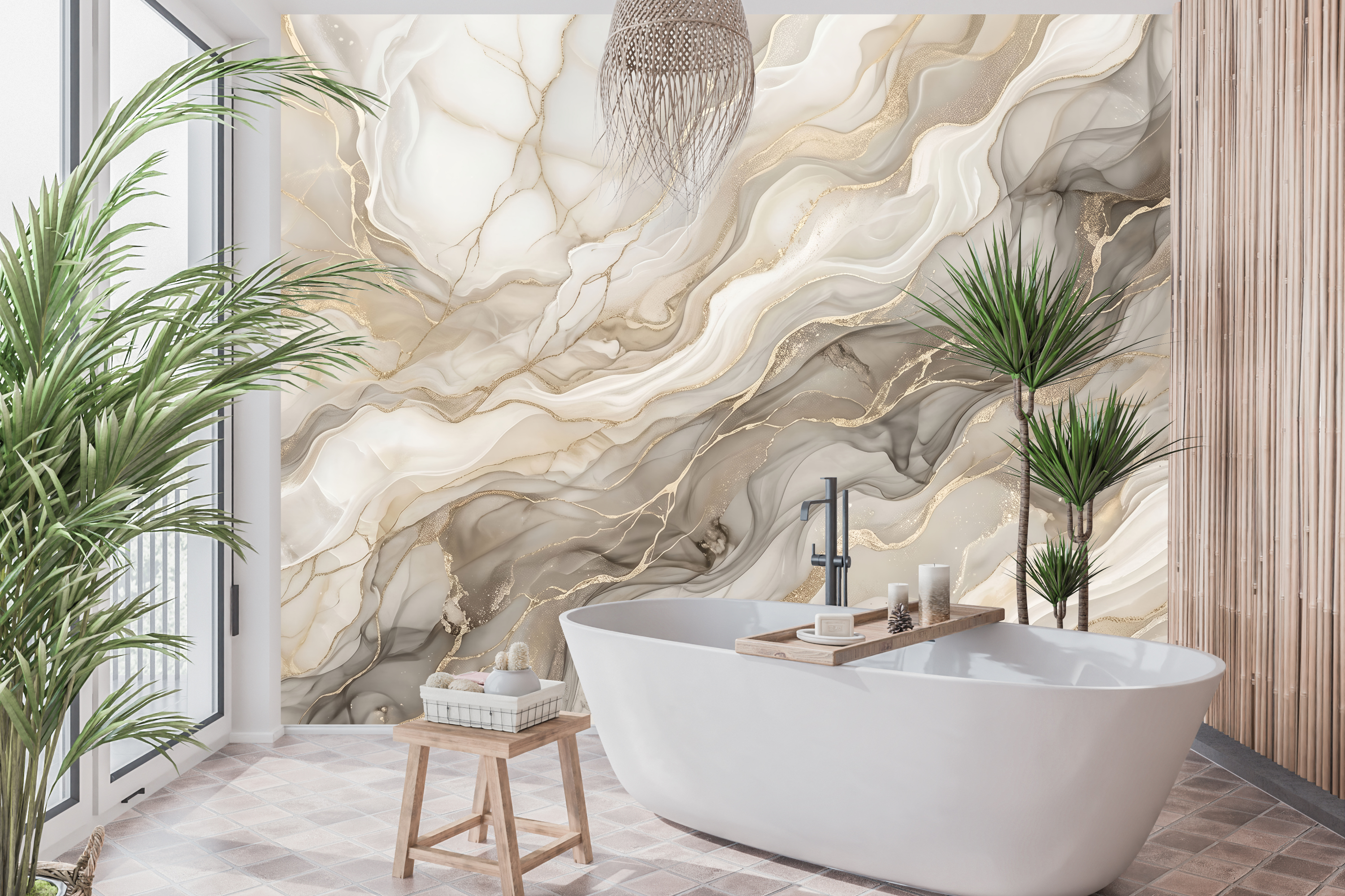 Waterproof vinyl luxury faux stone wallpaper applied in a spa-like modern bathroom