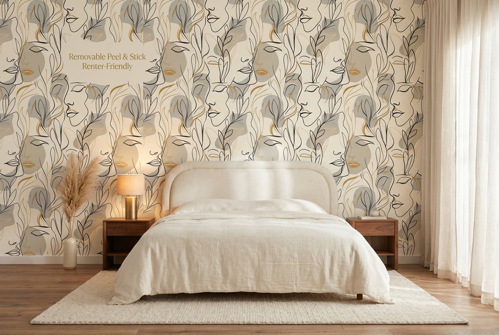 Elegant single-line female face wallpaper in a chic beauty studio