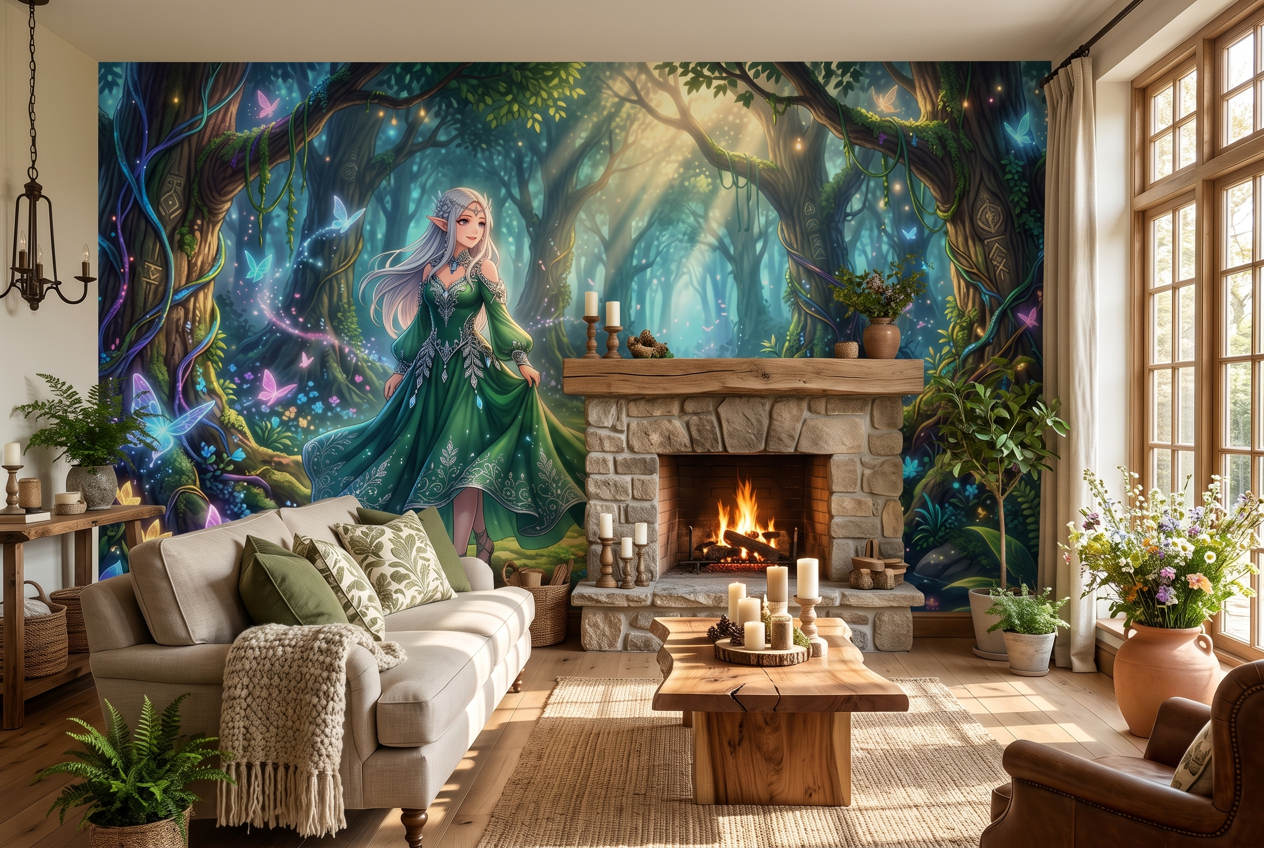 Cinematic sunlit forest and river wall art transforming a creative living room