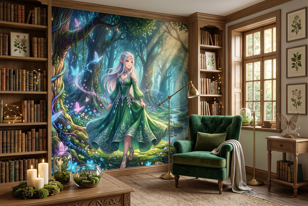 Magical fairy princess and glowing butterfly peel and stick wallpaper mural