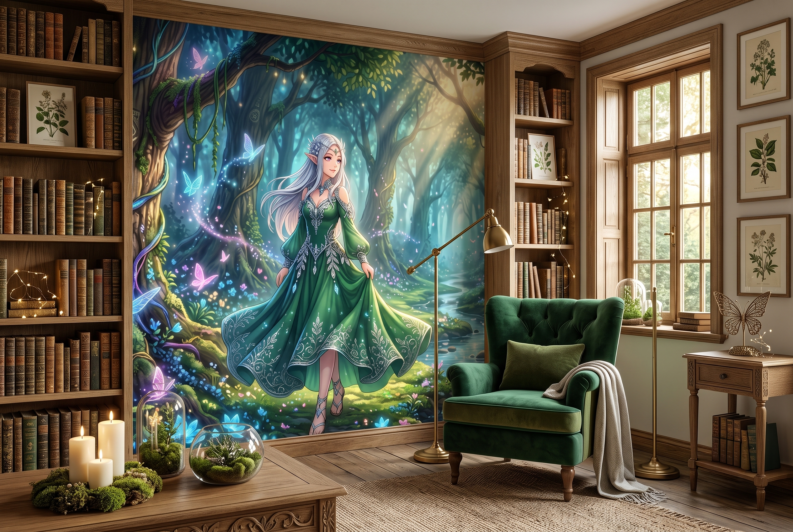 Magical fairy princess and glowing butterfly peel and stick wallpaper mural