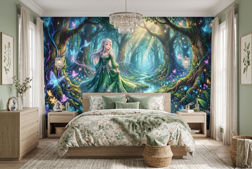 Enchanted elf forest and glowing stream wall mural in a whimsical anime bedroom