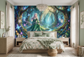 Enchanted elf forest and glowing stream wall mural in a whimsical anime bedroom