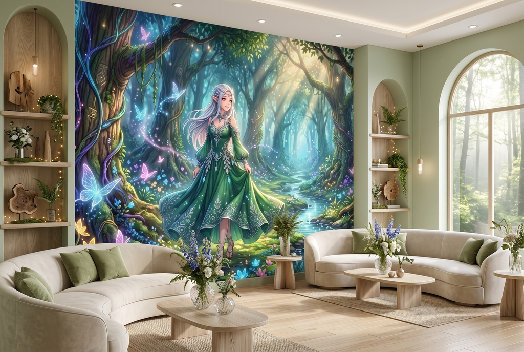 Whimsical anime fairy and enchanted nature wallpaper applied in a children's boutique