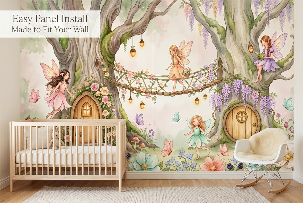 Enchanted forest fairy doors and cascading wisteria wall mural detail