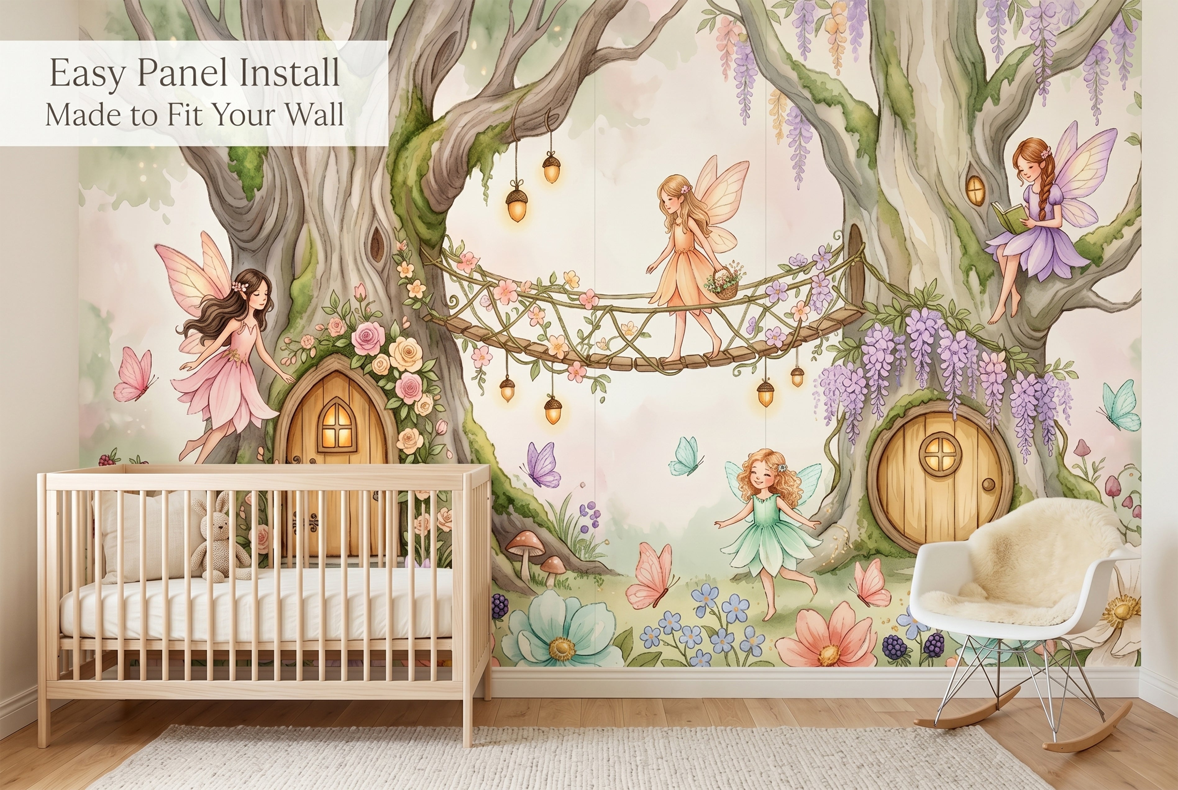 Enchanted forest fairy doors and cascading wisteria wall mural detail