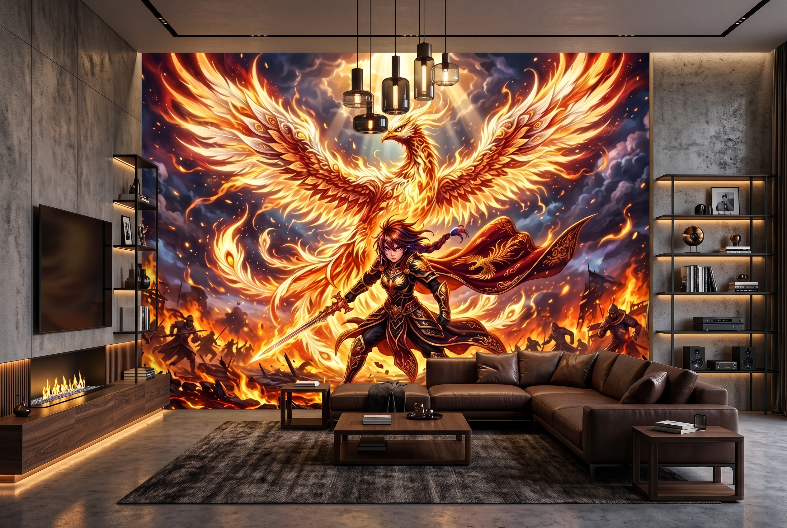 Cinematic flaming phoenix and magical sword wall art transforming an entertainment room