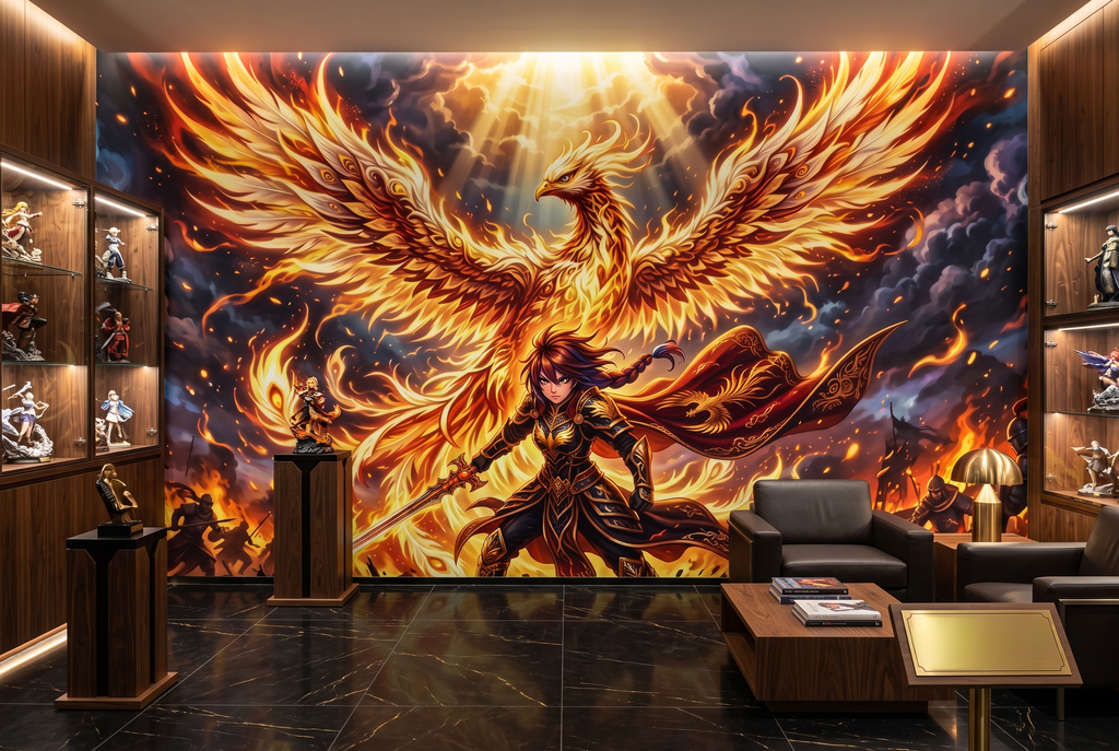 Glowing firebird and fantasy battlefield peel and stick wallpaper mural