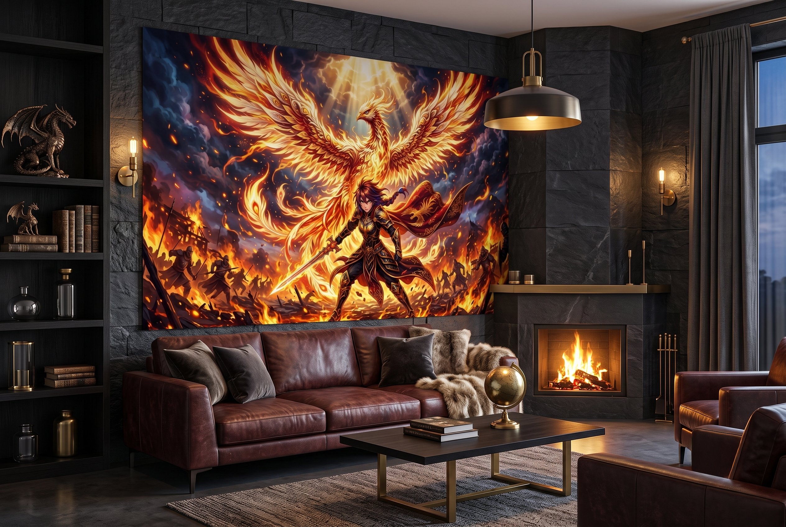 Epic Anime Phoenix Warrior Wall Mural Fiery Fantasy Battlefield Wallpaper