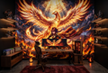 Epic anime phoenix and fiery warrior mural in an immersive gaming room