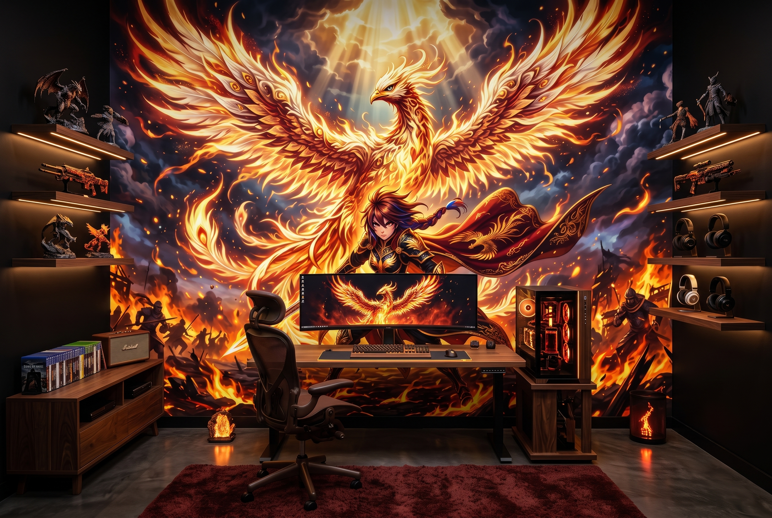 Epic anime phoenix and fiery warrior mural in an immersive gaming room