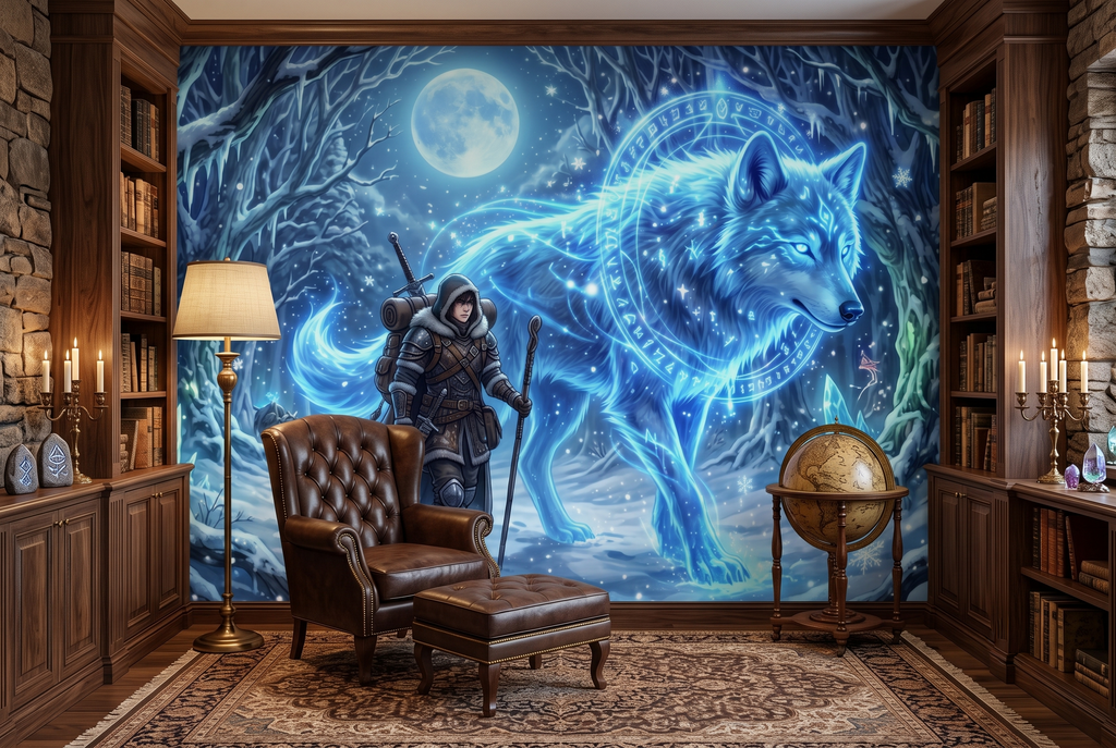 Cinematic snowy forest and full moon wall art transforming a dark entertainment room