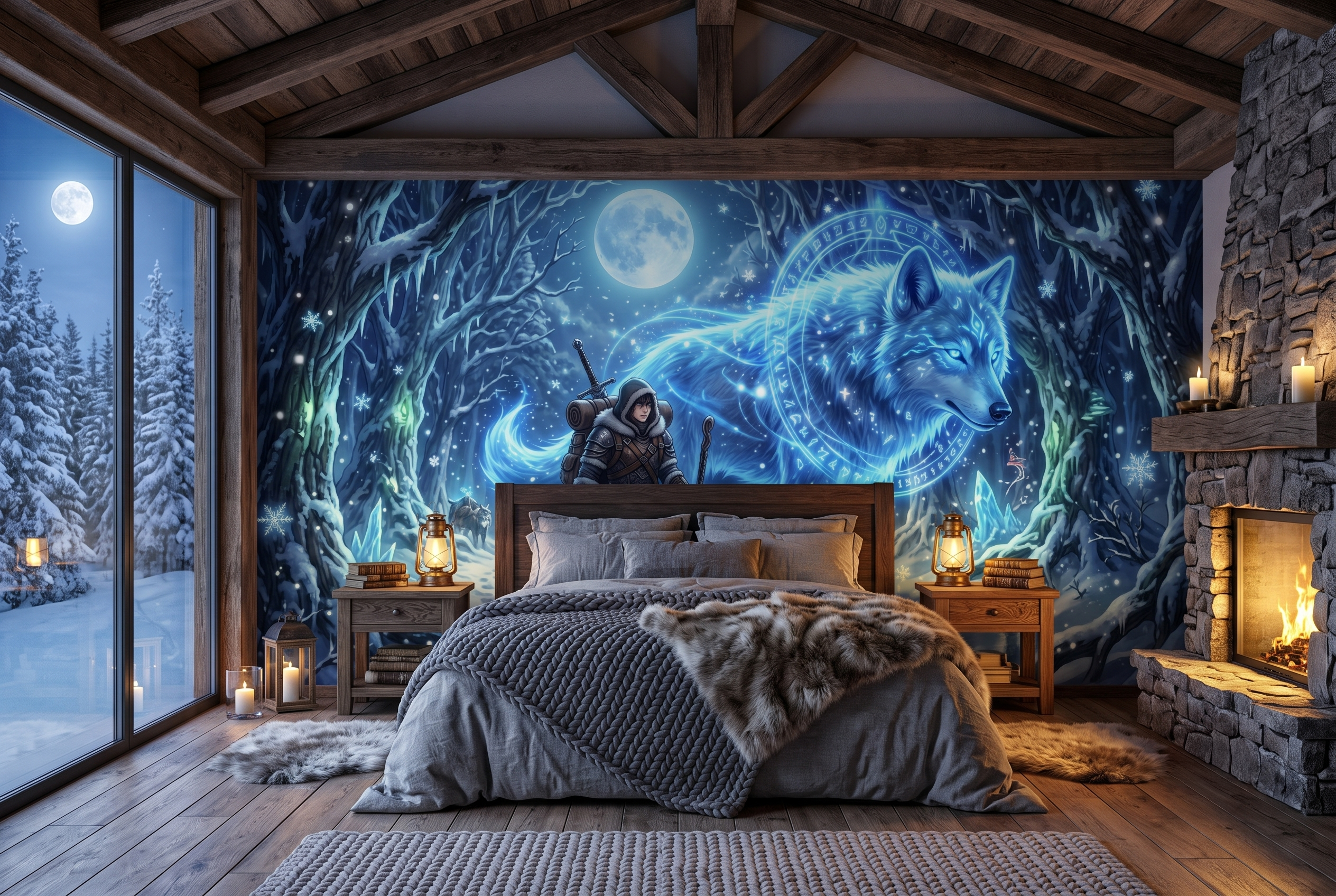 Glowing blue ethereal wolf and winter warrior peel and stick wallpaper