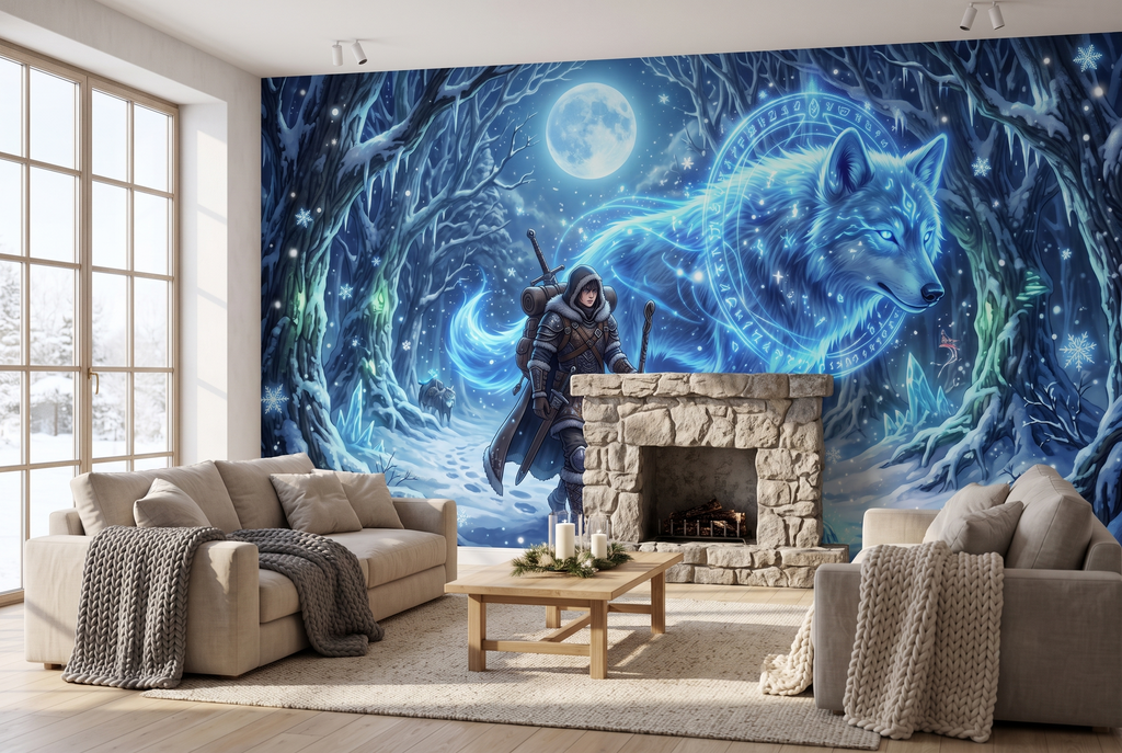 Epic Fantasy Spirit Wolf Anime Mural Magical Winter Warrior Landscape Wallpaper
