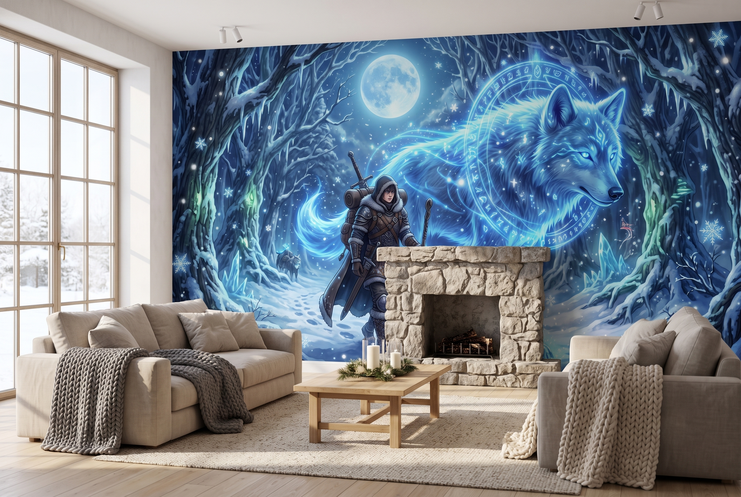 Epic Fantasy Spirit Wolf Anime Mural Magical Winter Warrior Landscape Wallpaper
