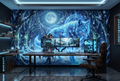 Epic fantasy spirit wolf mural in an immersive RPG gaming room
