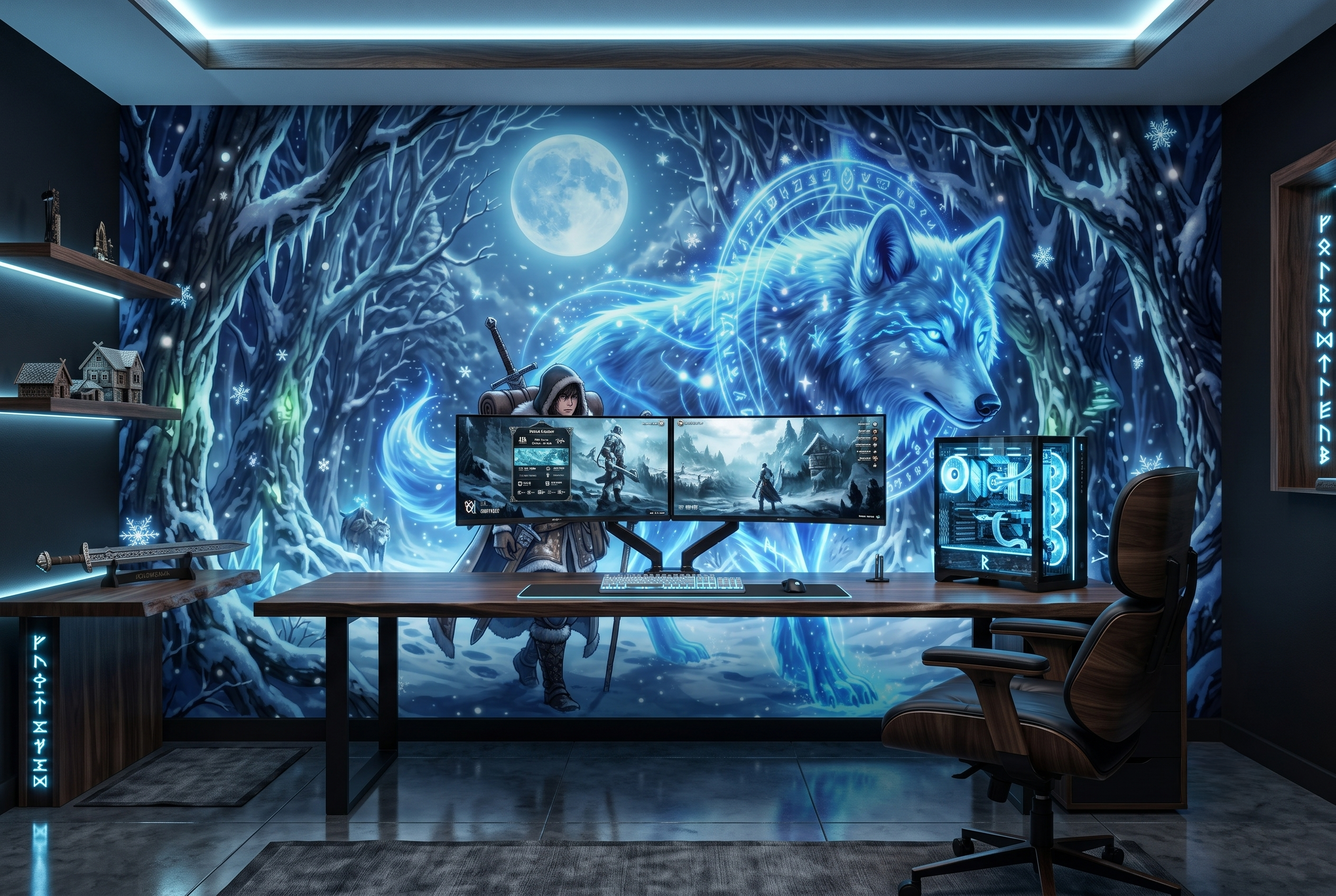 Epic fantasy spirit wolf mural in an immersive RPG gaming room