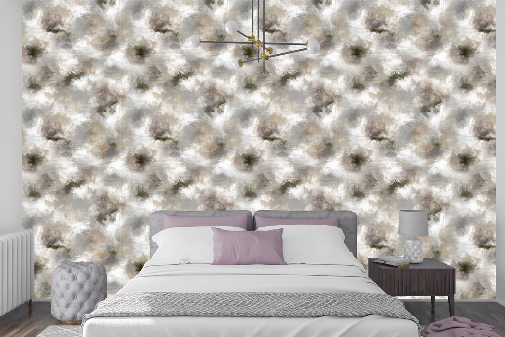 Calming faux texture Venetian plaster wallpaper creating a tranquil accent wall in a bedroom