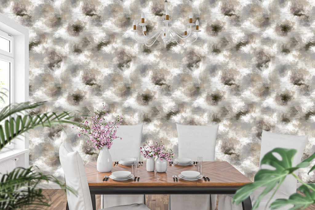Ethereal faux limewash plaster wallpaper in a serene modern dining room