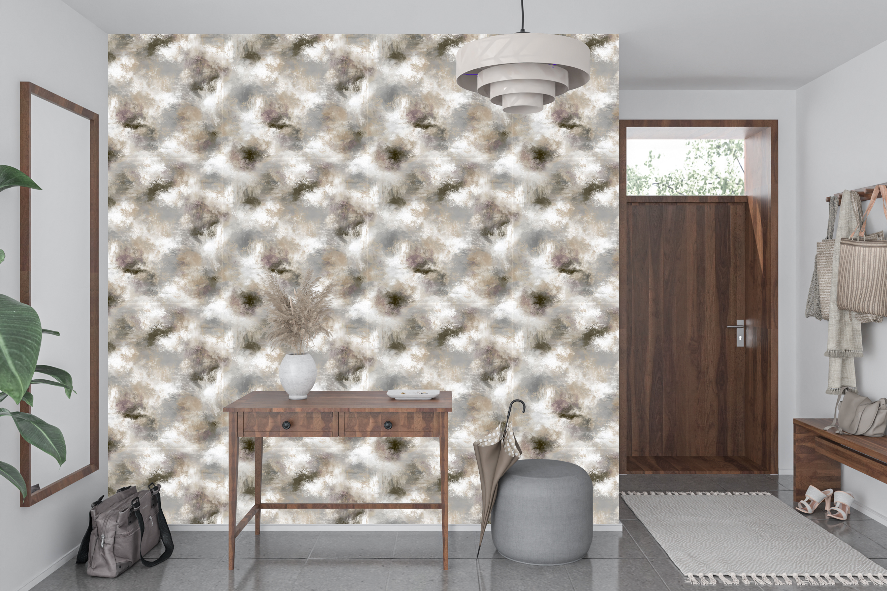 Abstract painterly textured wall mural transforming a minimalist home office or entryway