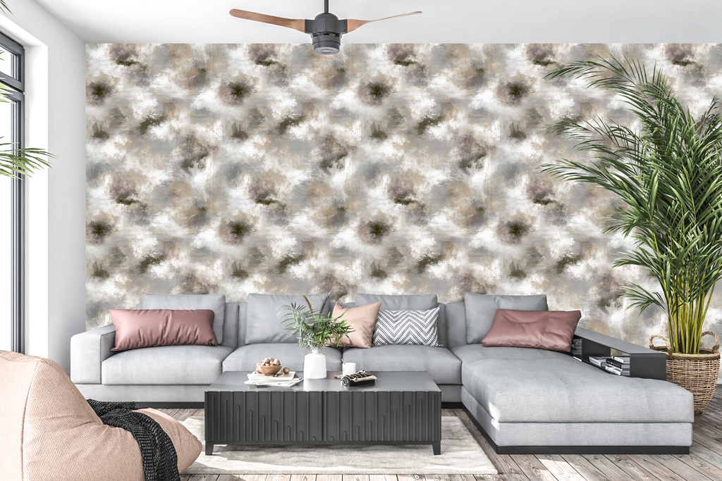 Soft gray and mauve distressed concrete peel and stick wall mural behind a living room sofa