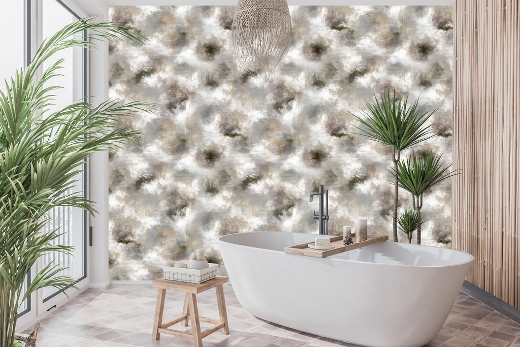 Waterproof vinyl light gray industrial chic wallpaper applied in a spa-like modern bathroom