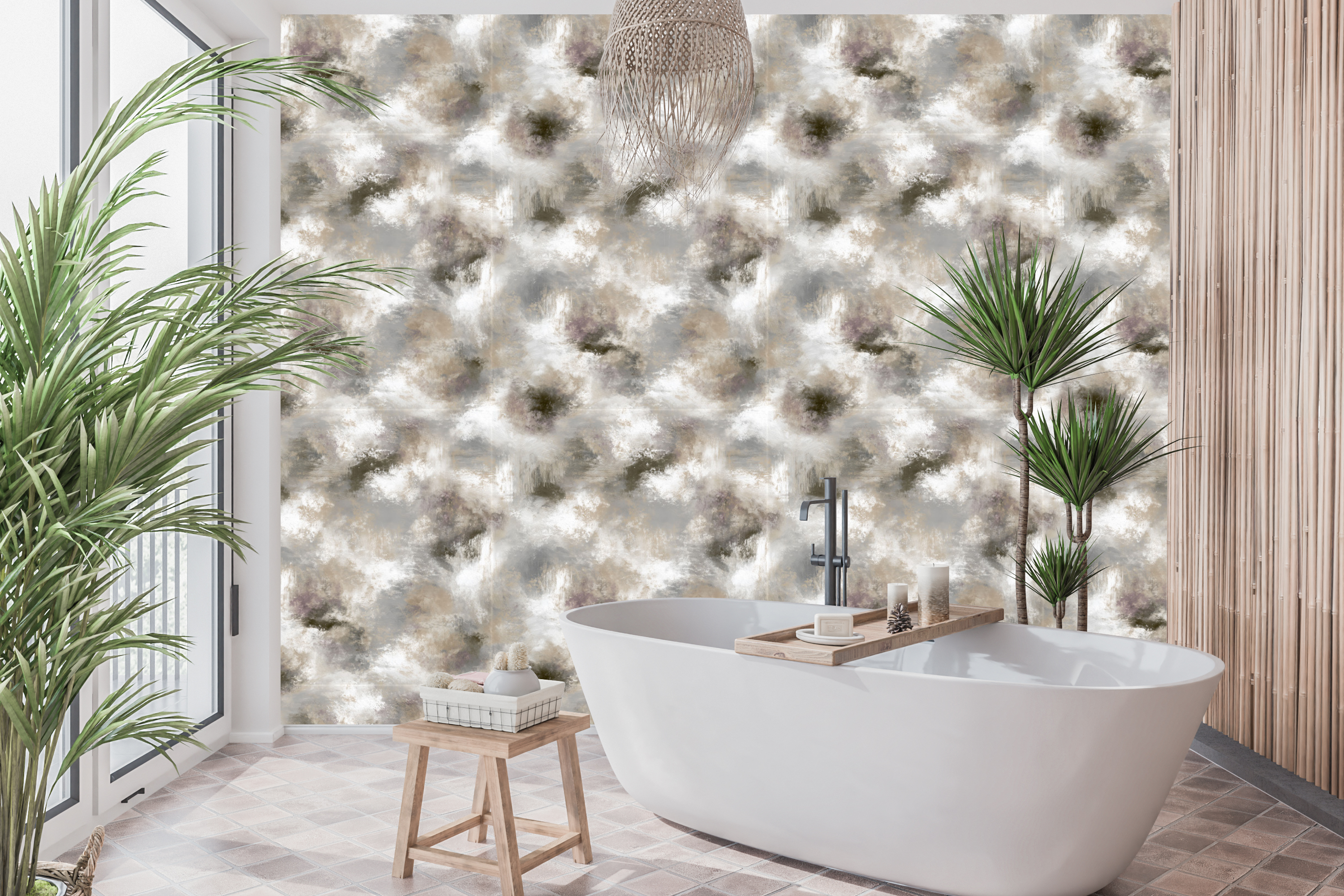 Waterproof vinyl light gray industrial chic wallpaper applied in a spa-like modern bathroom