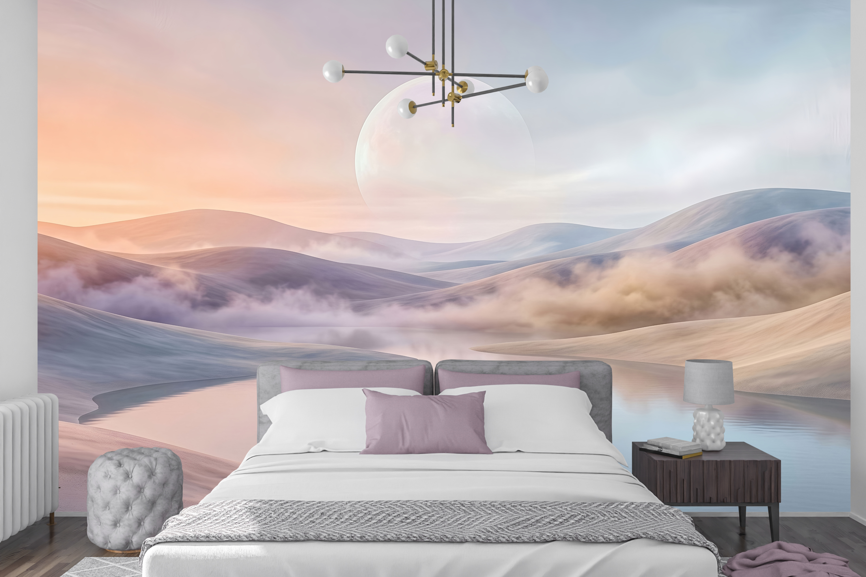 Ethereal pastel moon landscape mural in a serene relaxing bedroom