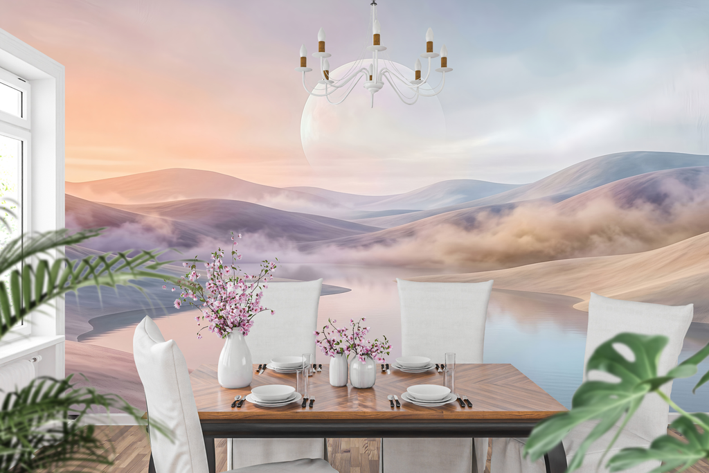 Dreamy soft lavender and peach moon wall mural creating a calming nursery accent wall
